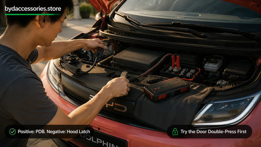 Connecting a jump starter pack to the BYD Dolphin's under-hood PDB positive point and hood latch ground