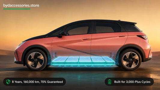 BYD Dolphin with a cutaway view of its Blade battery pack, illustrating battery lifespan and warranty