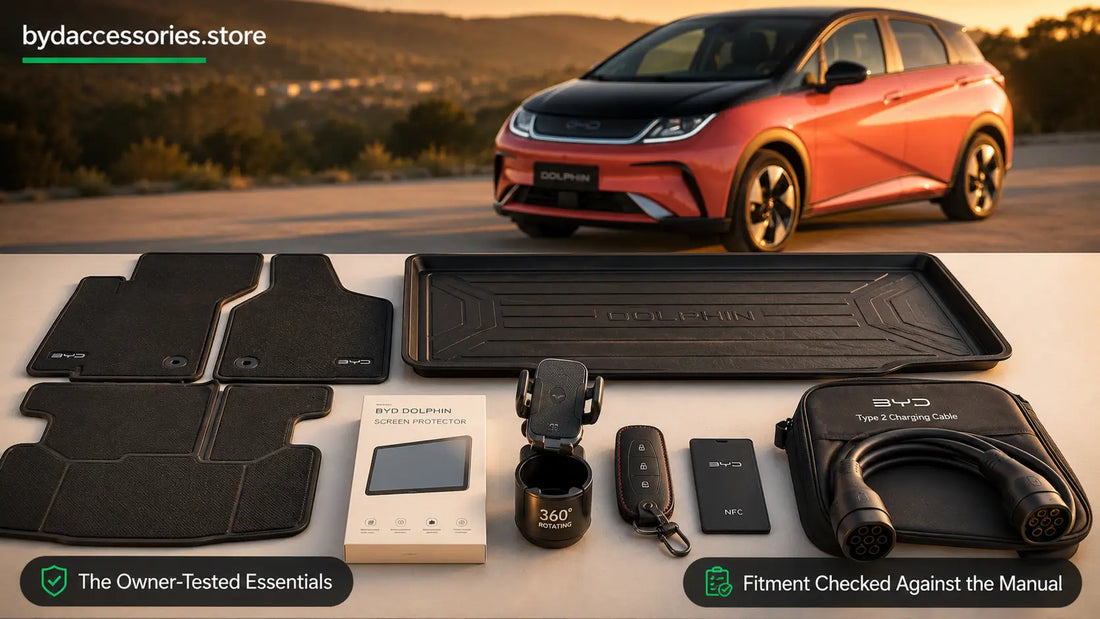 Curated BYD Dolphin accessories including floor mats, boot liner, cup holder, and charging cable beside the car