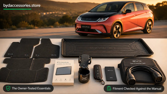 Curated BYD Dolphin accessories including floor mats, boot liner, cup holder, and charging cable beside the car
