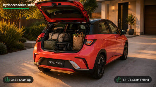 BYD Dolphin with open boot loaded with bags and a pushchair, showing 345 litres of seats-up boot space