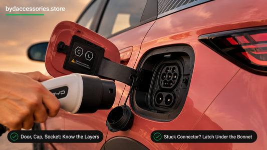 Open BYD Dolphin charge port showing the door, inner cap, and CCS2 socket as a connector approaches