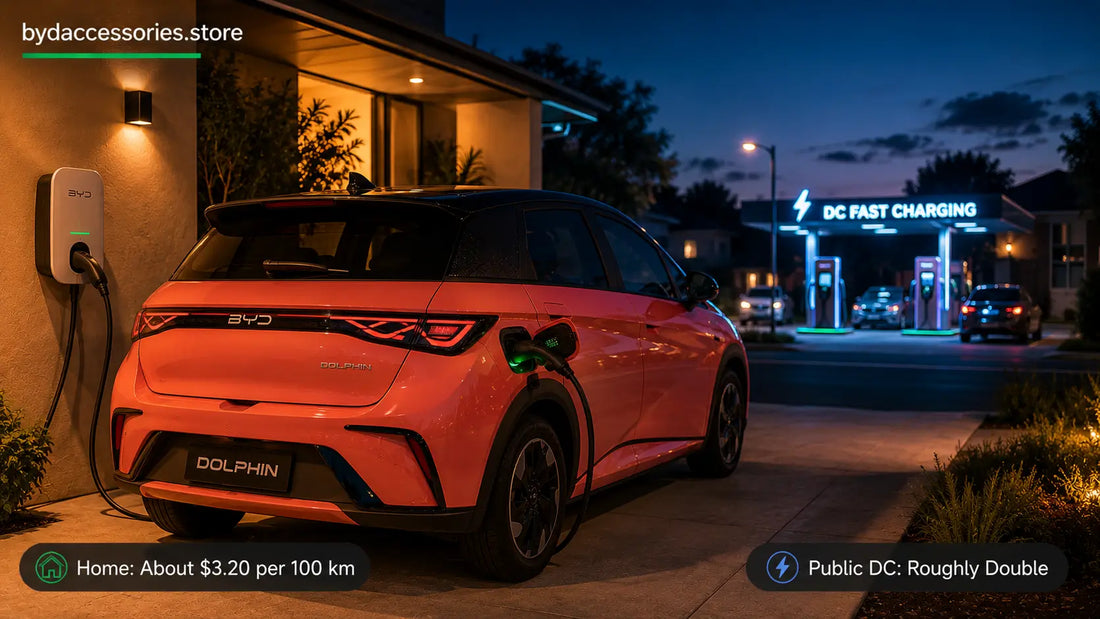 BYD Dolphin charging at home with a public fast charger in the background, comparing charging costs