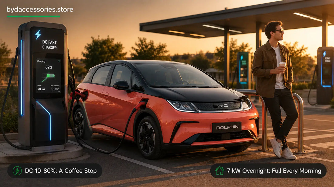 BYD Dolphin at a DC fast charger while its driver waits with a coffee, illustrating typical charging times