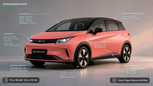 Complete verified specification sheet for the BYD Dolphin EV showing dimensions, battery options, driving range, motor power, charging speeds, performance, and key technical specifications.