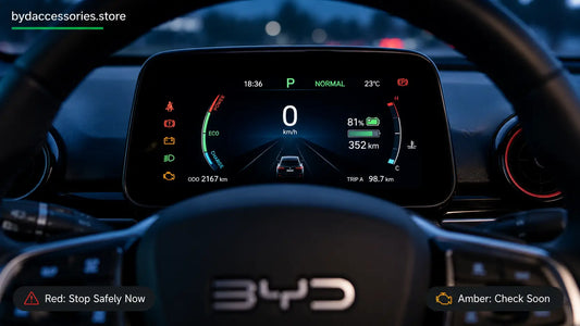 BYD Dolphin digital instrument cluster glowing with coloured warning lights, viewed through the steering wheel