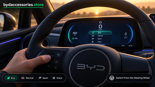BYD Dolphin steering wheel mode switch with a drive-mode graphic on the instrument cluster