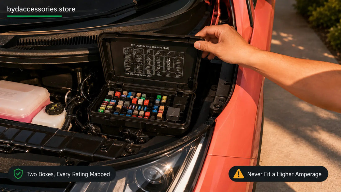 Opening the BYD Dolphin under-hood fuse box at the left rear of the engine compartment