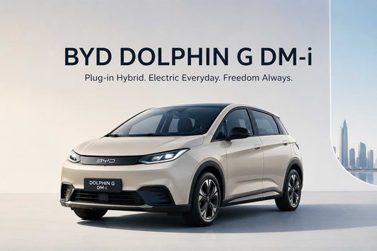 BYD Dolphin G DM-i plug-in hybrid hatchback displayed in a modern minimalist studio setting