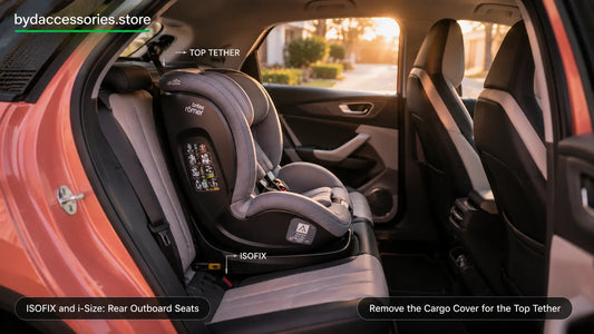 ISOFIX child seat fitted to a rear outboard seat in a BYD Dolphin, with connectors and top tether visible