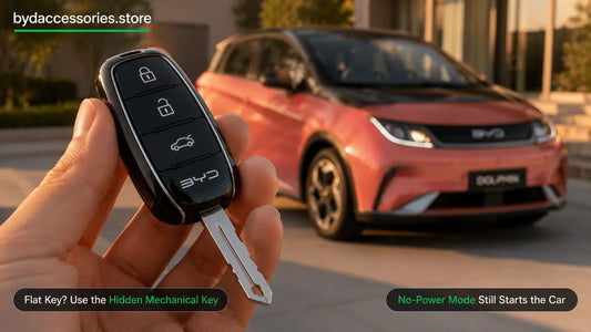  BYD Dolphin smart key fob with the hidden mechanical key slid out, illustrating what to do when the key battery is flat