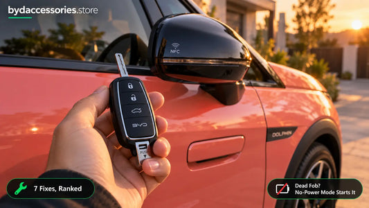 BYD Dolphin smart key fob with its hidden mechanical blade released, beside the driver's door and mirror