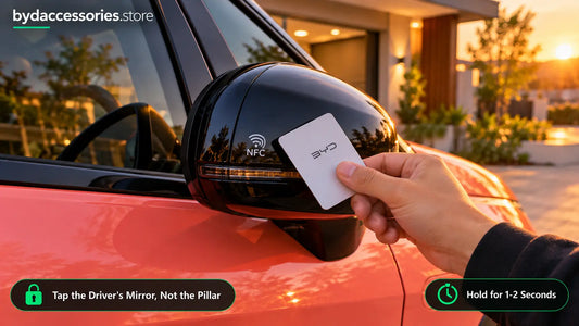 Hand holding a BYD Dolphin NFC key card against the NFC mark on the driver's side mirror to unlock the car
