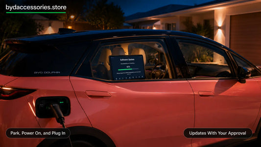 Infographic showing what BYD Dolphin OTA updates change, how to install one, and the do and do-not rules