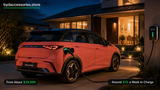 BYD Dolphin charging at home in the evening, illustrating its low running costs