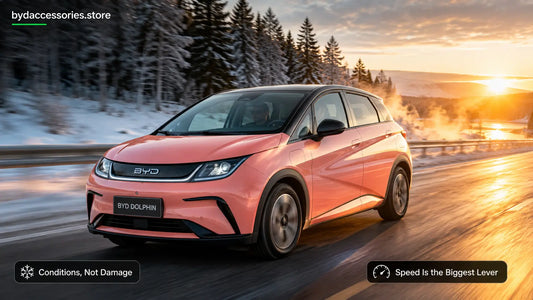 BYD Dolphin driving a cold winter highway, illustrating how conditions rather than damage reduce range