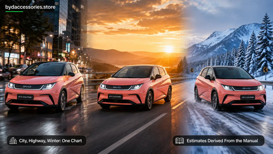 BYD Dolphin shown across city, highway, and winter conditions illustrating real-world range difference