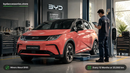BYD Dolphin in a clean EV service workshop with a technician, illustrating service costs and schedule