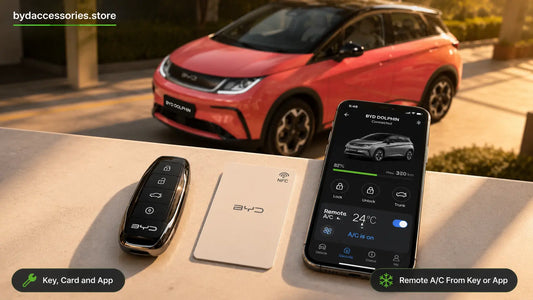 BYD Dolphin smart key, NFC card, and phone app arranged together showing the three ways to access the car