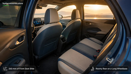 Interior of a BYD Dolphin viewed through the open rear door at golden hour, highlighting the spacious front seats, modern dashboard, generous rear legroom, and two-tone upholstery with 260 mm front seat slide.