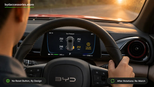 BYD Dolphin instrument cluster showing the tyre pressure screen with one warning value highlighted