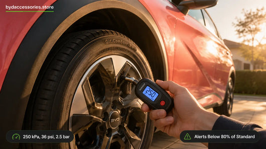 Infographic of BYD Dolphin tyre pressure in kPa psi and bar with exact TPMS alert thresholds