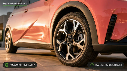 Close-up of a BYD Dolphin alloy wheel and tyre, illustrating the 16-inch and 17-inch tyre sizes and recommended pressure