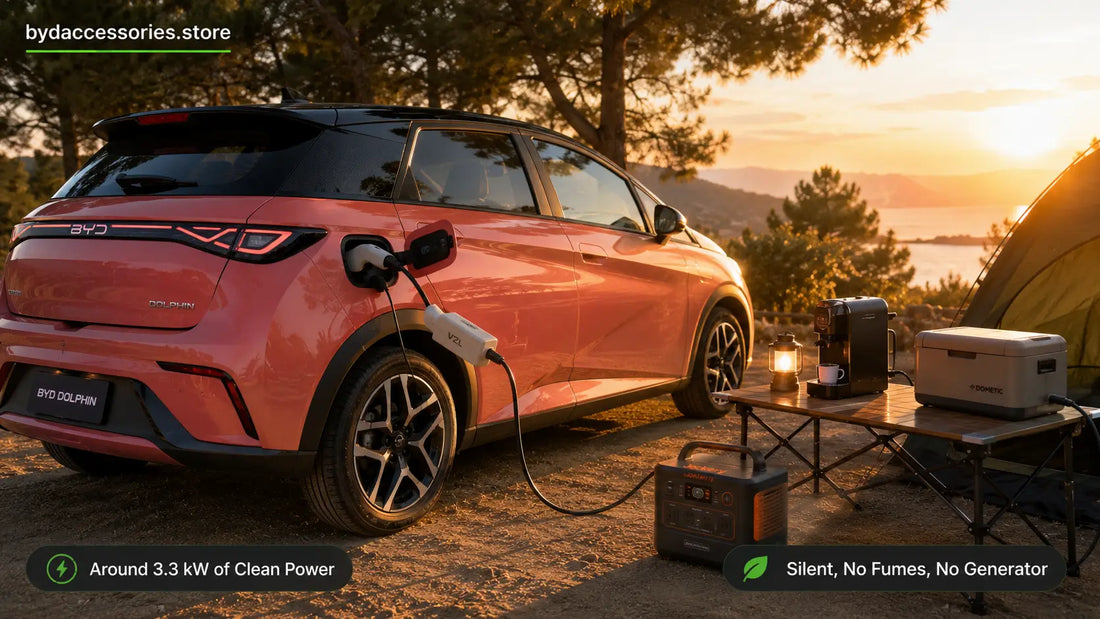 BYD Dolphin using V2L via a charge-port adapter to power camping gear at a scenic campsite at golden hour