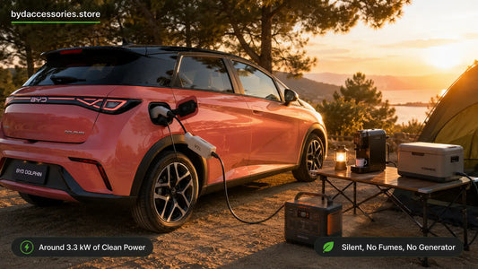 BYD Dolphin using V2L via a charge-port adapter to power camping gear at a scenic campsite at golden hour