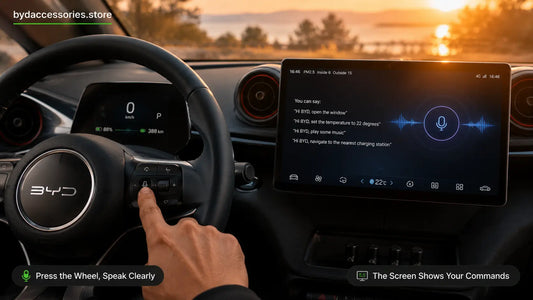 Infographic showing how to activate BYD Dolphin voice control and the functions it can operate