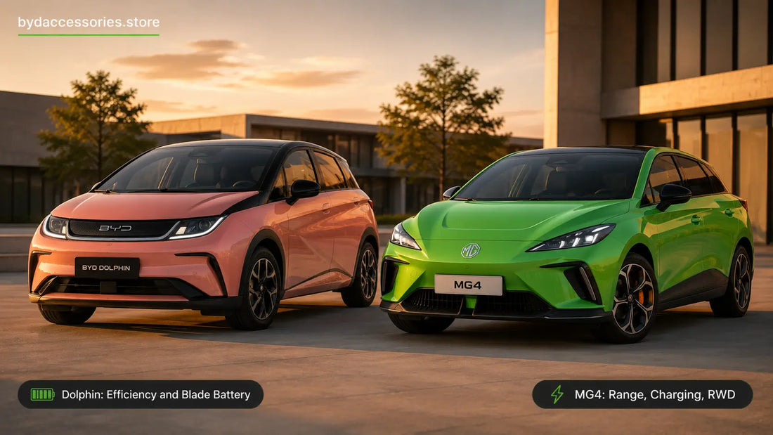 BYD Dolphin and MG4 electric hatchbacks parked side by side for a value EV comparison