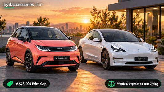 BYD Dolphin and Tesla Model 3 parked side by side comparing the price gap between them