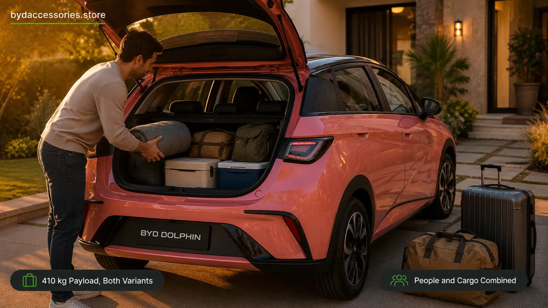 BYD Dolphin being loaded with luggage, illustrating its 410 kg payload capacity