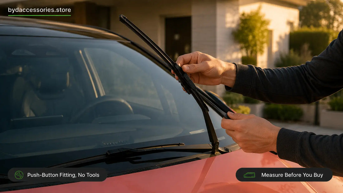 Hands lifting the wiper arm on a BYD Dolphin to replace the blade, showing the push-button fitting