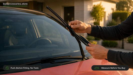 Hands lifting the wiper arm on a BYD Dolphin to replace the blade, showing the push-button fitting