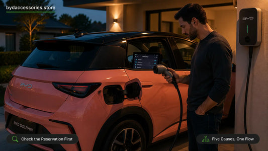 Owner checking a BYD Dolphin charging connector and settings screen while diagnosing a charging issue