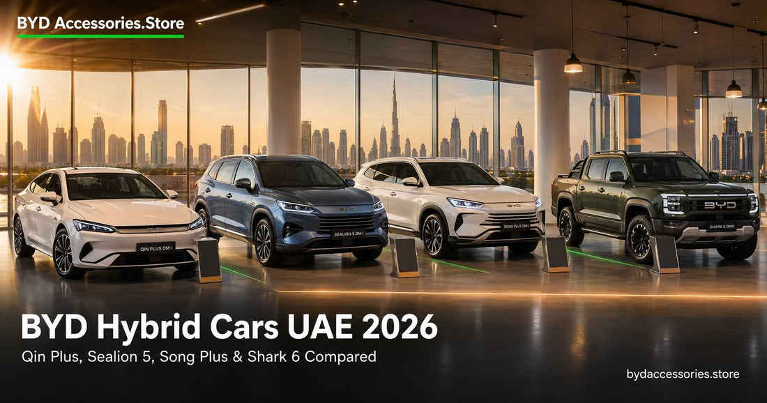 BYD Hybrid Cars UAE 2026 featuring Qin Plus DM-i, Sealion 5 DM-i, Song Plus DM-i and Shark 6 DMO at a Dubai showroom