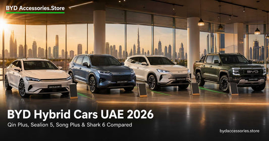 BYD Hybrid Cars UAE 2026 featuring Qin Plus DM-i, Sealion 5 DM-i, Song Plus DM-i and Shark 6 DMO at a Dubai showroom