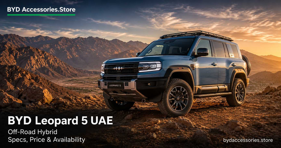 BYD Leopard 5 Border Blue off-road SUV in the Hatta Mountains UAE during golden hour