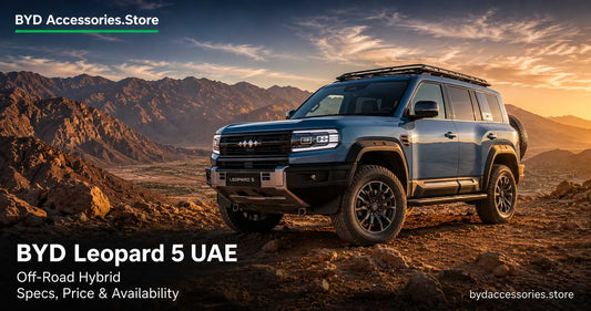 BYD Leopard 5 Border Blue off-road SUV in the Hatta Mountains UAE during golden hour