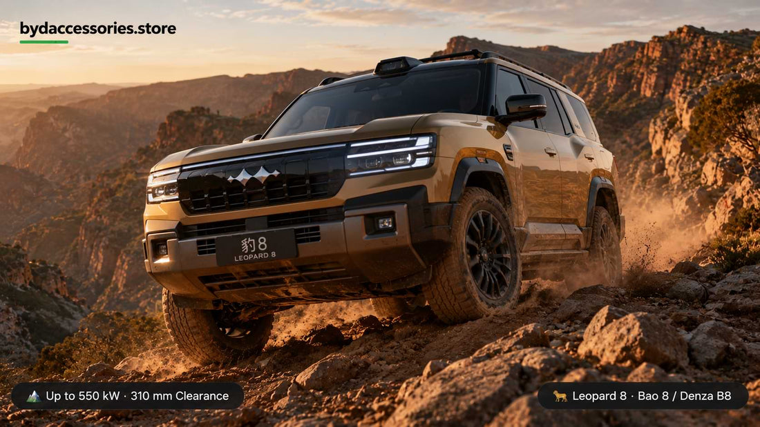 BYD Leopard 8 Fang Cheng Bao Bao 8 luxury plug-in hybrid off-road SUV climbing rocky outback terrain at golden hour