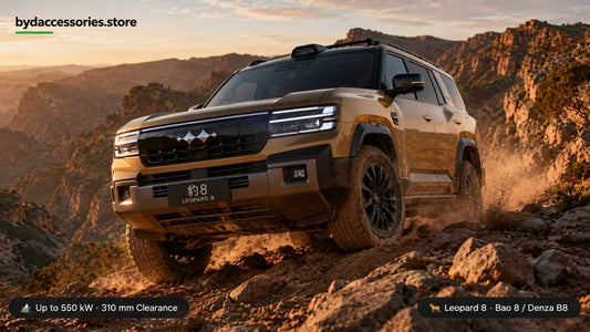 BYD Leopard 8 Fang Cheng Bao Bao 8 luxury plug-in hybrid off-road SUV climbing rocky outback terrain at golden hour