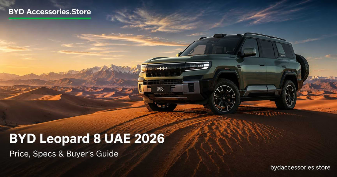 BYD Leopard 8 2026 in Mountain Green parked on a Liwa Desert sand dune in the UAE during golden hour