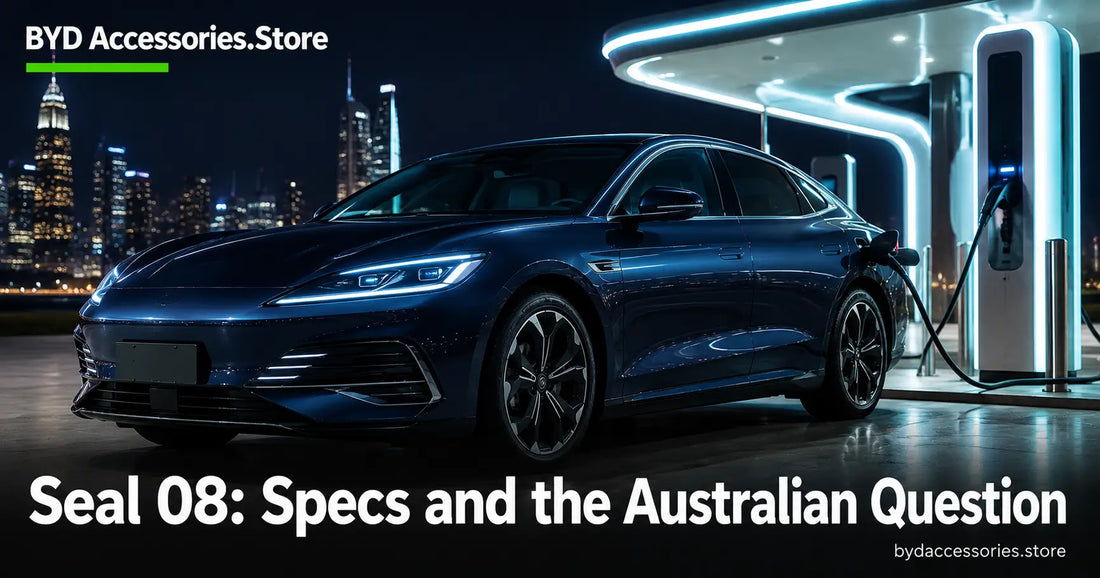 Flagship electric sedan at an ultra fast charging station representing the BYD Seal 08 and its flash charging claim