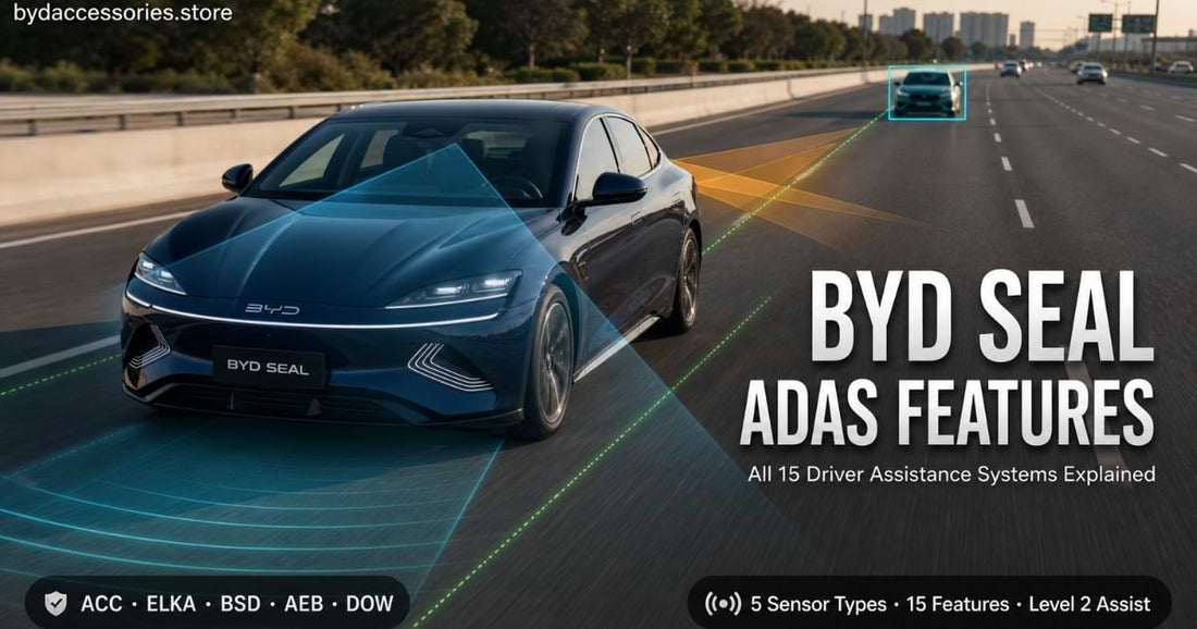 BYD Seal driving on highway with ADAS sensor detection zones visualized showing forward collision, blind spot, and lane keeping radar coverage areas