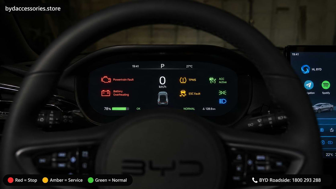 BYD Seal digital instrument cluster showing multiple dashboard warning lights in red amber green and blue during startup self-check diagnostic