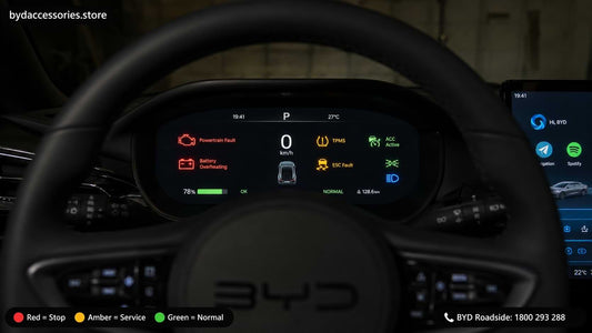 BYD Seal digital instrument cluster showing multiple dashboard warning lights in red amber green and blue during startup self-check diagnostic