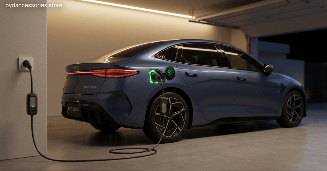 BYD Seal charging at home in garage with Mode 2 cable connected from household wall socket to charge port with green charging indicator
