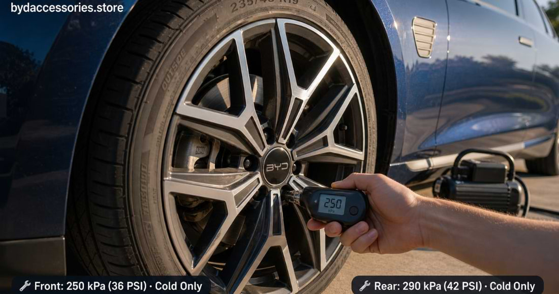 Hand holding digital tire pressure gauge showing 250 kPa on BYD Seal front tire valve stem with 19-inch alloy wheel visible