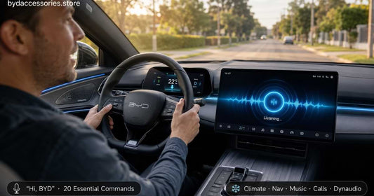 Driver using Hi BYD voice command inside BYD Seal with voice assistant waveform on touchscreen and temperature adjusting on instrument cluster